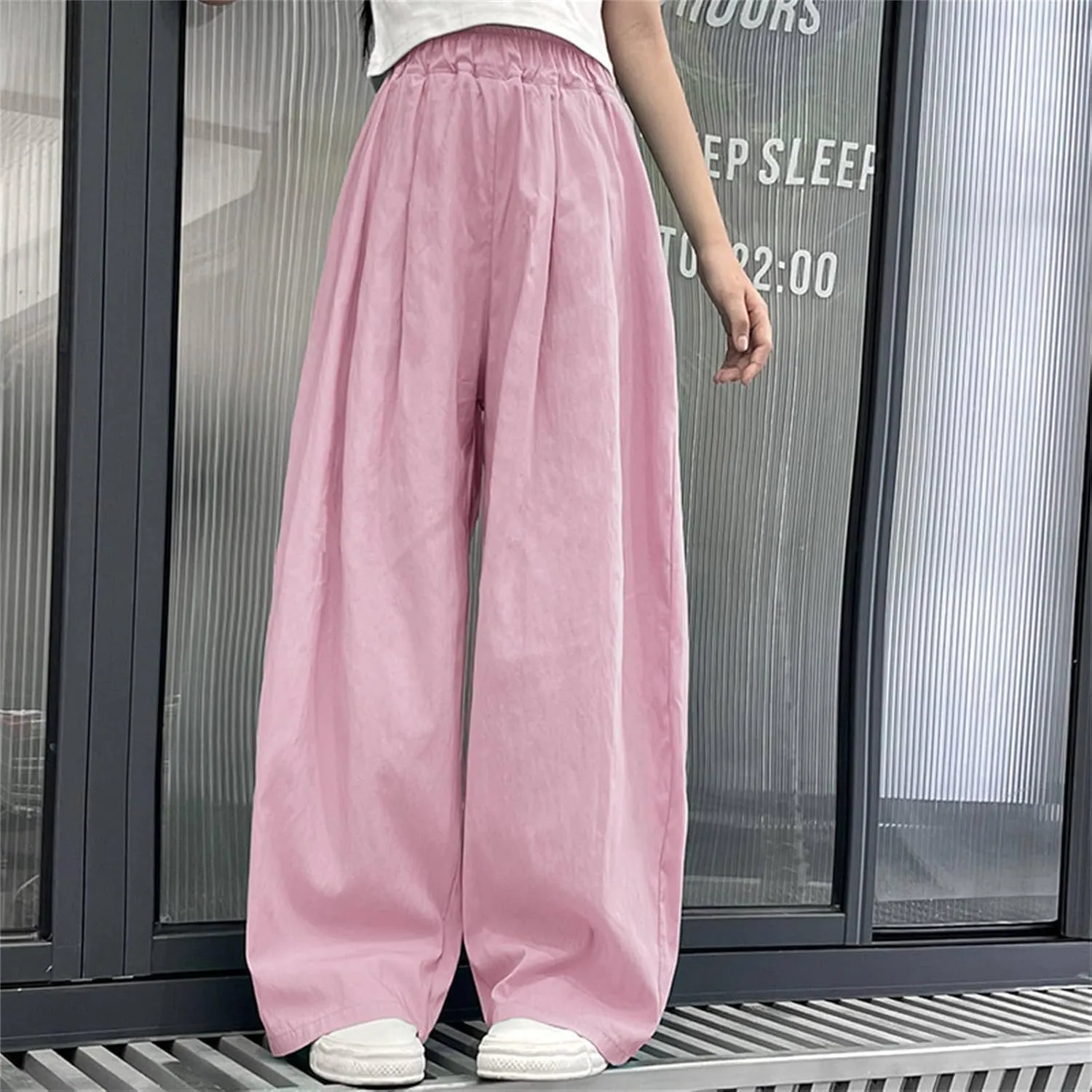 Teen Girls Linen Palazzo Pants Baggy Wide Leg Elsatic Waist Lightweight Trousers Summer Solid Stylish Pants Pockets