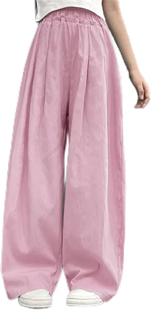Teen Girls Linen Palazzo Pants Baggy Wide Leg Elsatic Waist Lightweight Trousers Summer Solid Stylish Pants Pockets