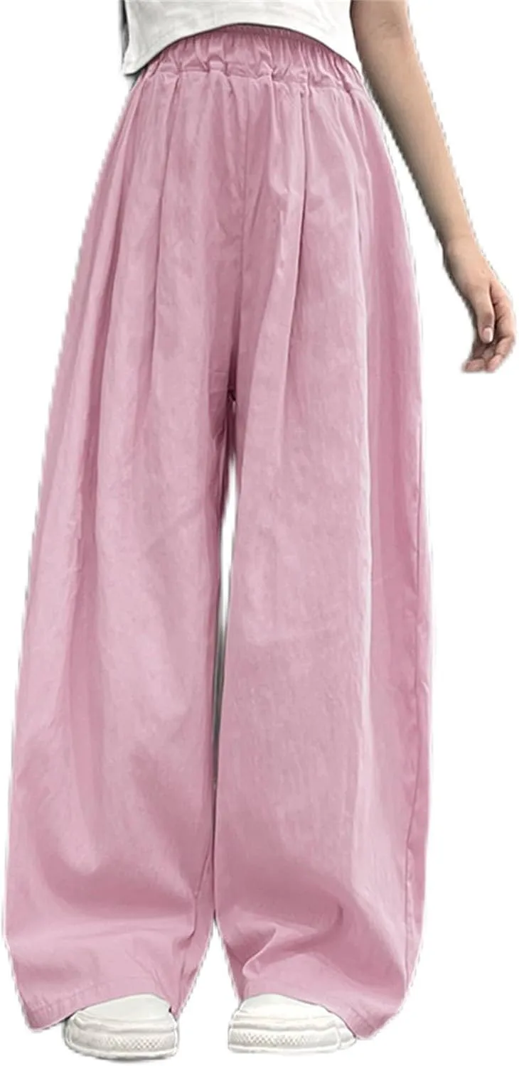 Teen Girls Linen Palazzo Pants Baggy Wide Leg Elsatic Waist Lightweight Trousers Summer Solid Stylish Pants Pockets