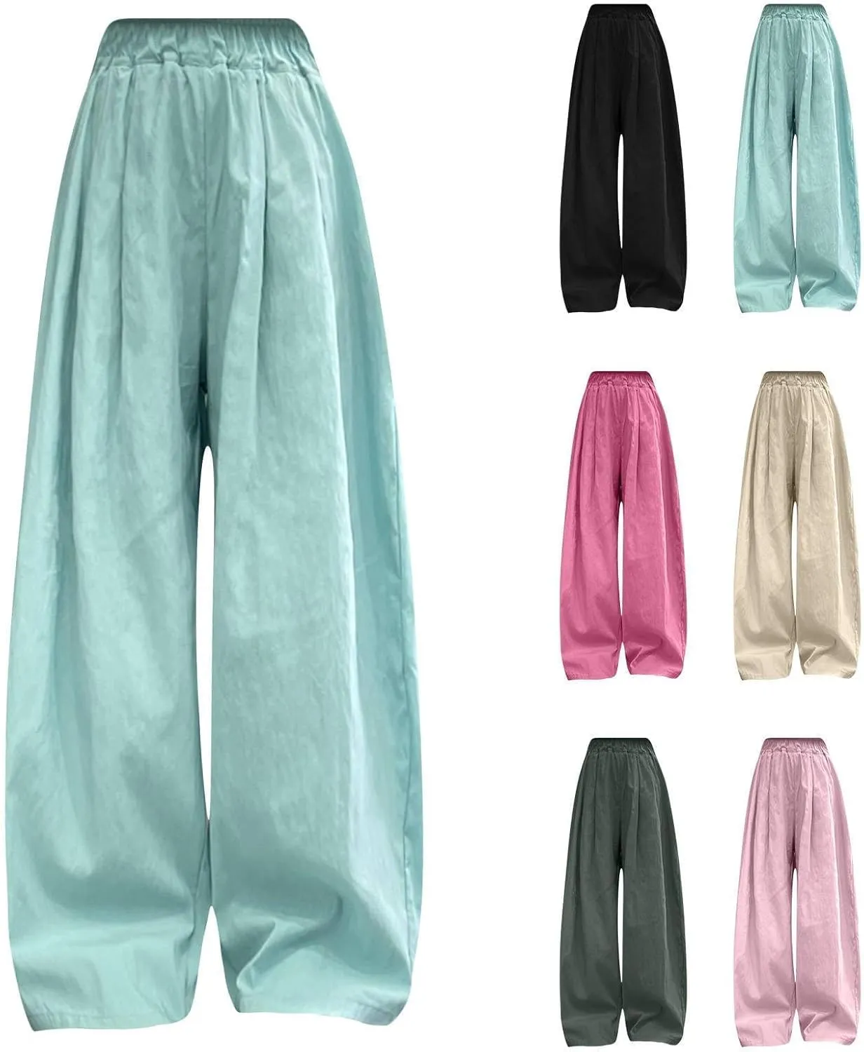 Teen Girls Linen Palazzo Pants Baggy Wide Leg Elsatic Waist Lightweight Trousers Summer Solid Stylish Pants Pockets