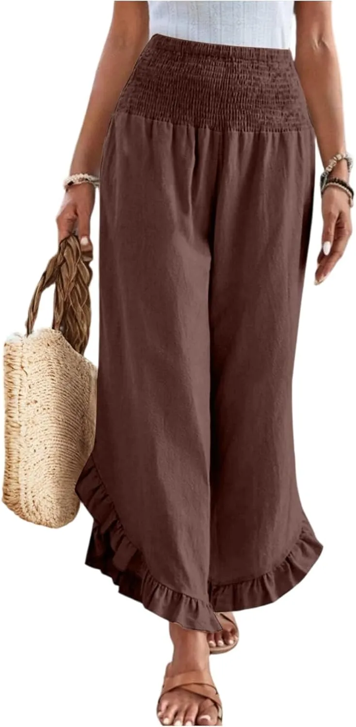 Women Linen Pants Wide Leg Smocked Waist Ruffle Hem Palazzo Pant Summer Boho Flowy Beach Trousers with Pockets