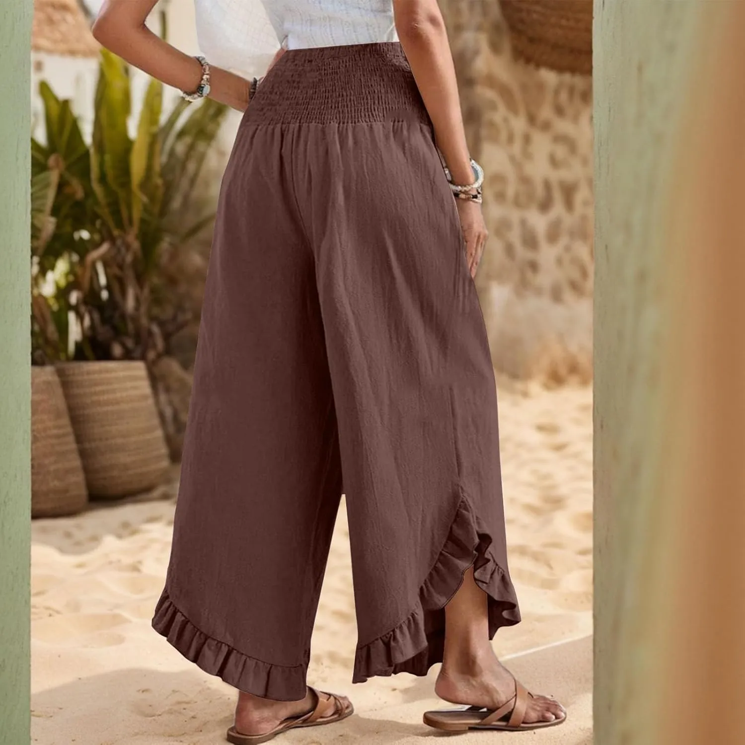 Women Linen Pants Wide Leg Smocked Waist Ruffle Hem Palazzo Pant Summer Boho Flowy Beach Trousers with Pockets