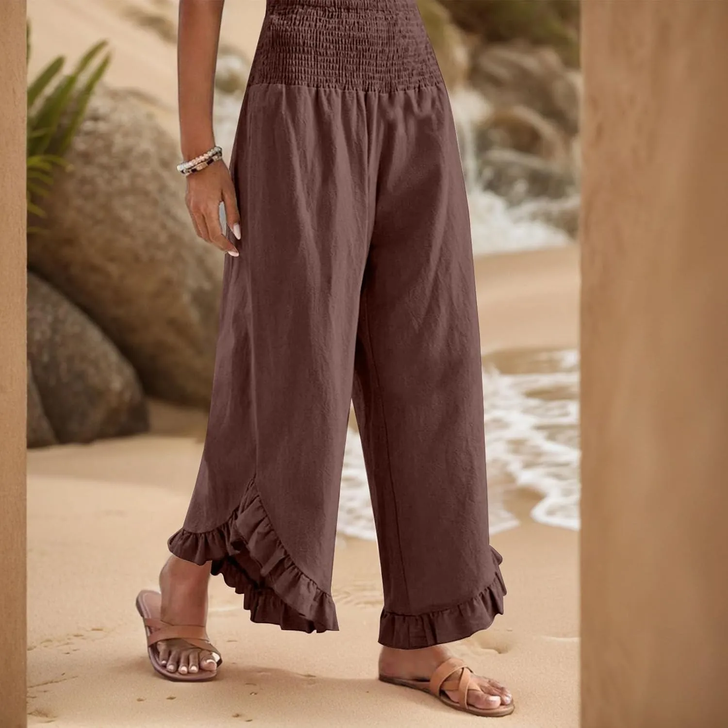 Women Linen Pants Wide Leg Smocked Waist Ruffle Hem Palazzo Pant Summer Boho Flowy Beach Trousers with Pockets