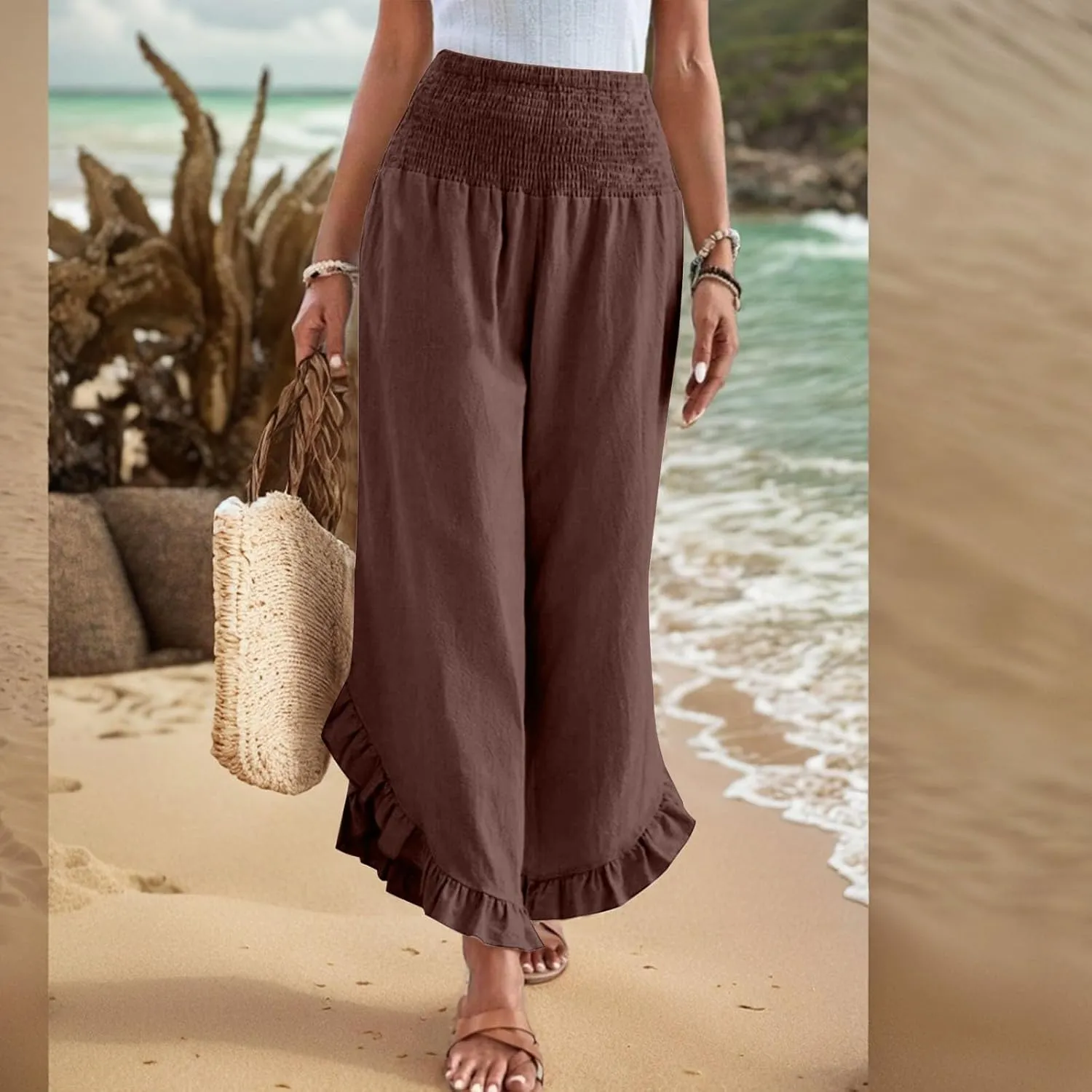 Women Linen Pants Wide Leg Smocked Waist Ruffle Hem Palazzo Pant Summer Boho Flowy Beach Trousers with Pockets