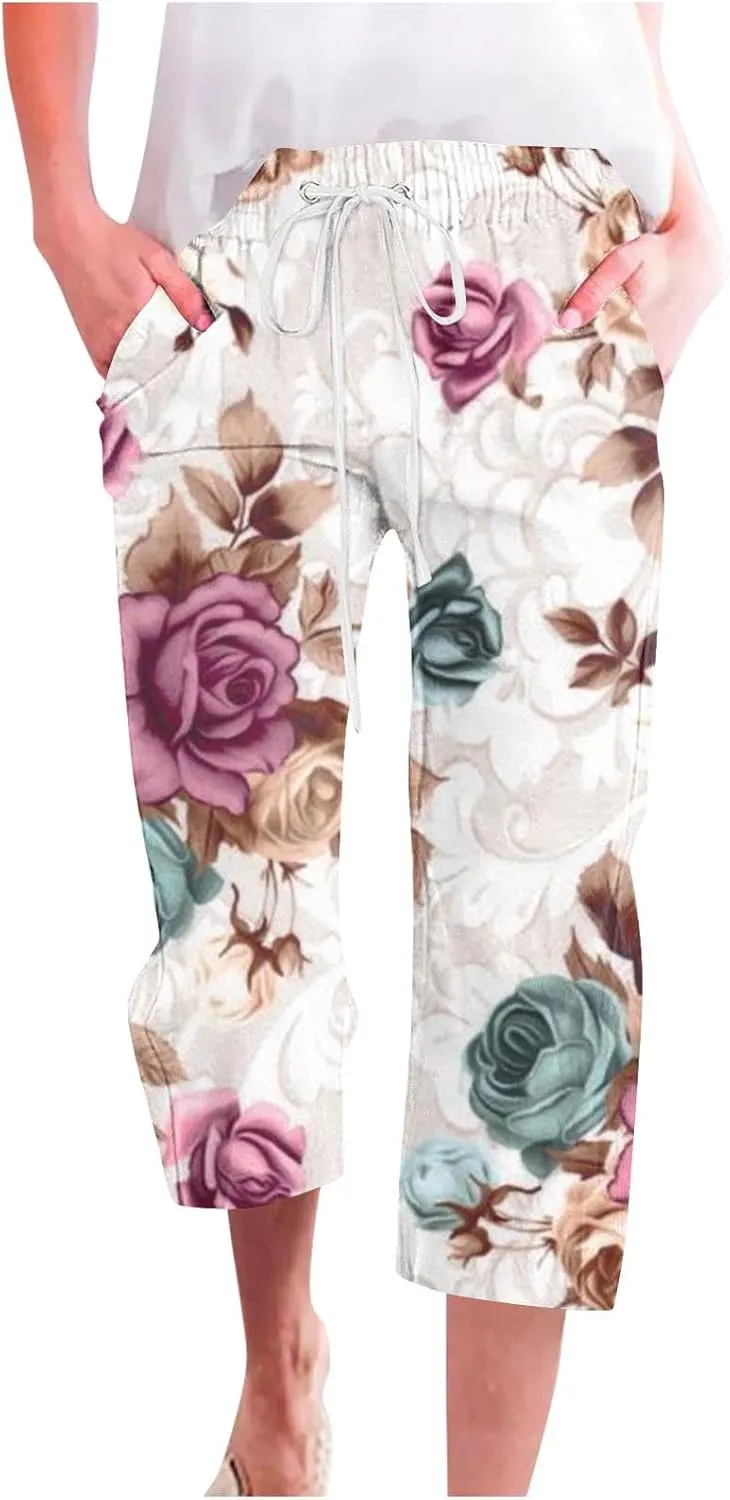 Womens Boho Floral Print Pants Casual Loose Fit Drawstring High Waist Capris Straight Leg Beach Cropped Trousers