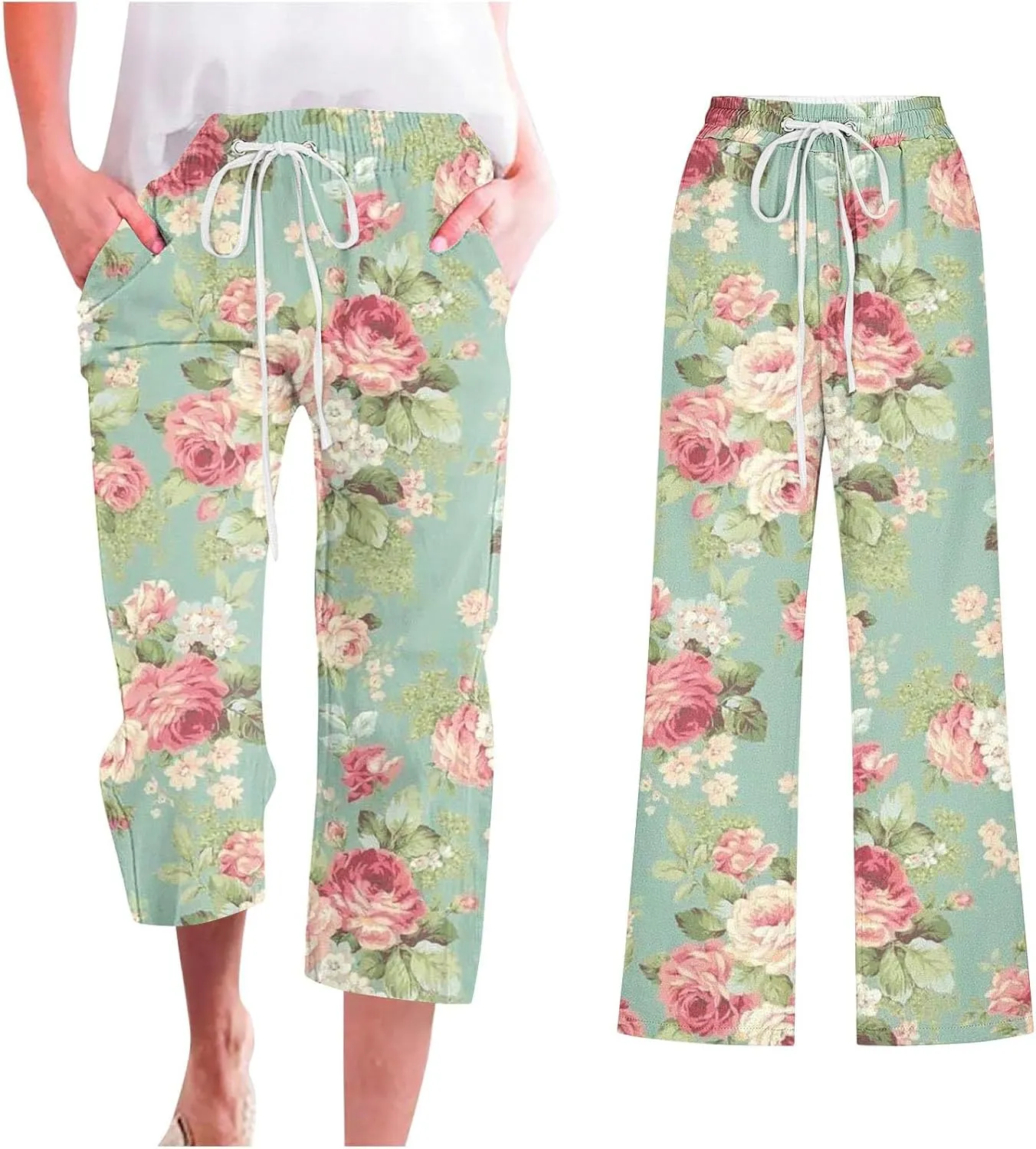 Womens Boho Floral Print Pants Casual Loose Fit Drawstring High Waist Capris Straight Leg Beach Cropped Trousers