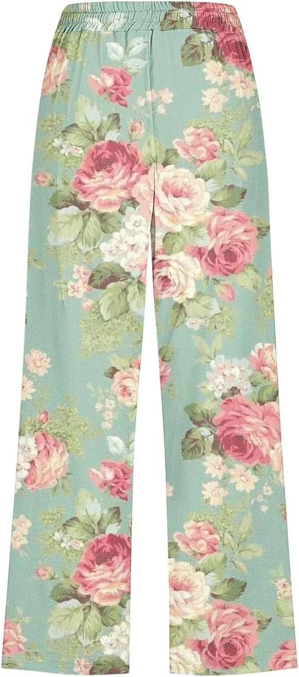 Womens Boho Floral Print Pants Casual Loose Fit Drawstring High Waist Capris Straight Leg Beach Cropped Trousers