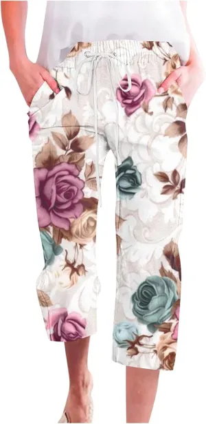 Womens Boho Floral Print Pants Casual Loose Fit Drawstring High Waist Capris Straight Leg Beach Cropped Trousers Womens Boho Floral Print Pants Casual Loose Fit Drawstring High Waist Capris Straight Leg Beach Cropped Trousers