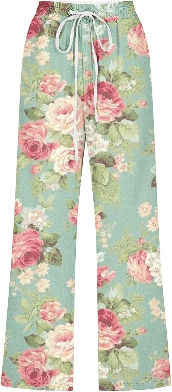 Womens Boho Floral Print Pants Casual Loose Fit Drawstring High Waist Capris Straight Leg Beach Cropped Trousers