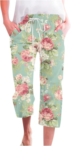Womens Boho Floral Print Pants Casual Loose Fit Drawstring High Waist Capris Straight Leg Beach Cropped Trousers
