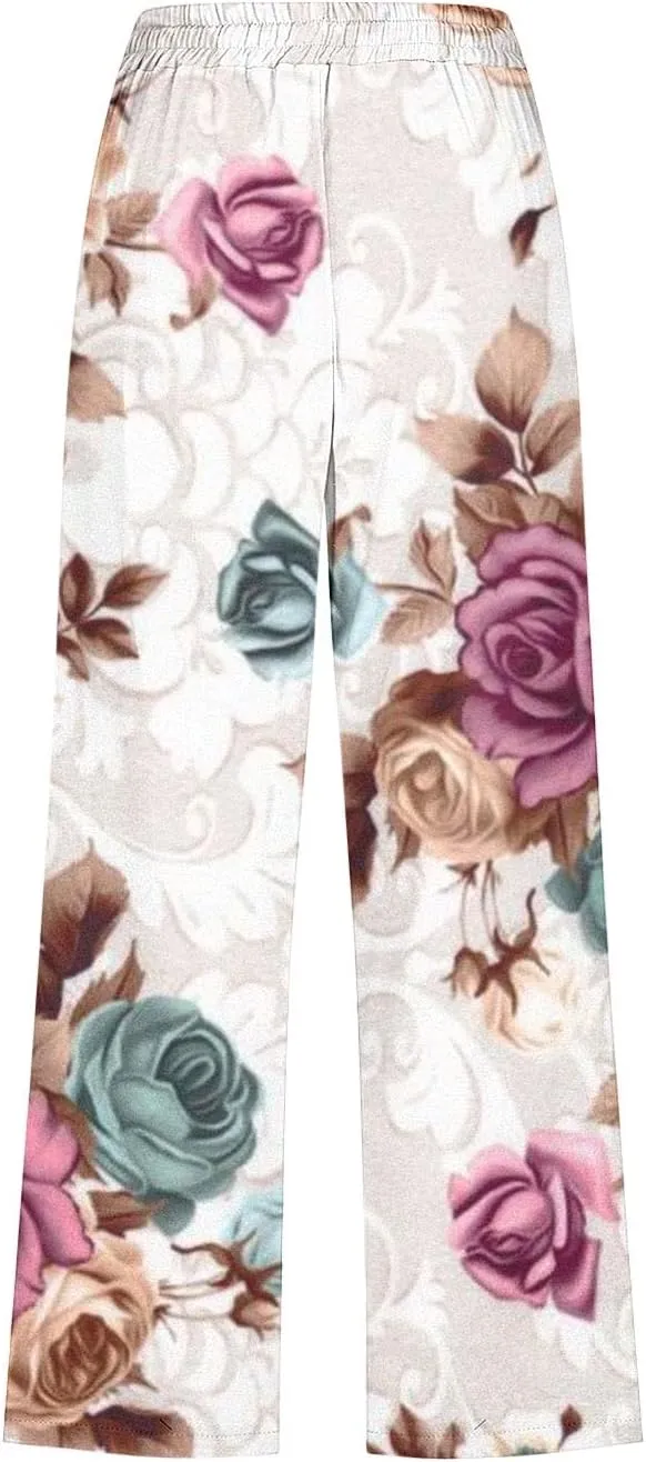 Womens Boho Floral Print Pants Casual Loose Fit Drawstring High Waist Capris Straight Leg Beach Cropped Trousers