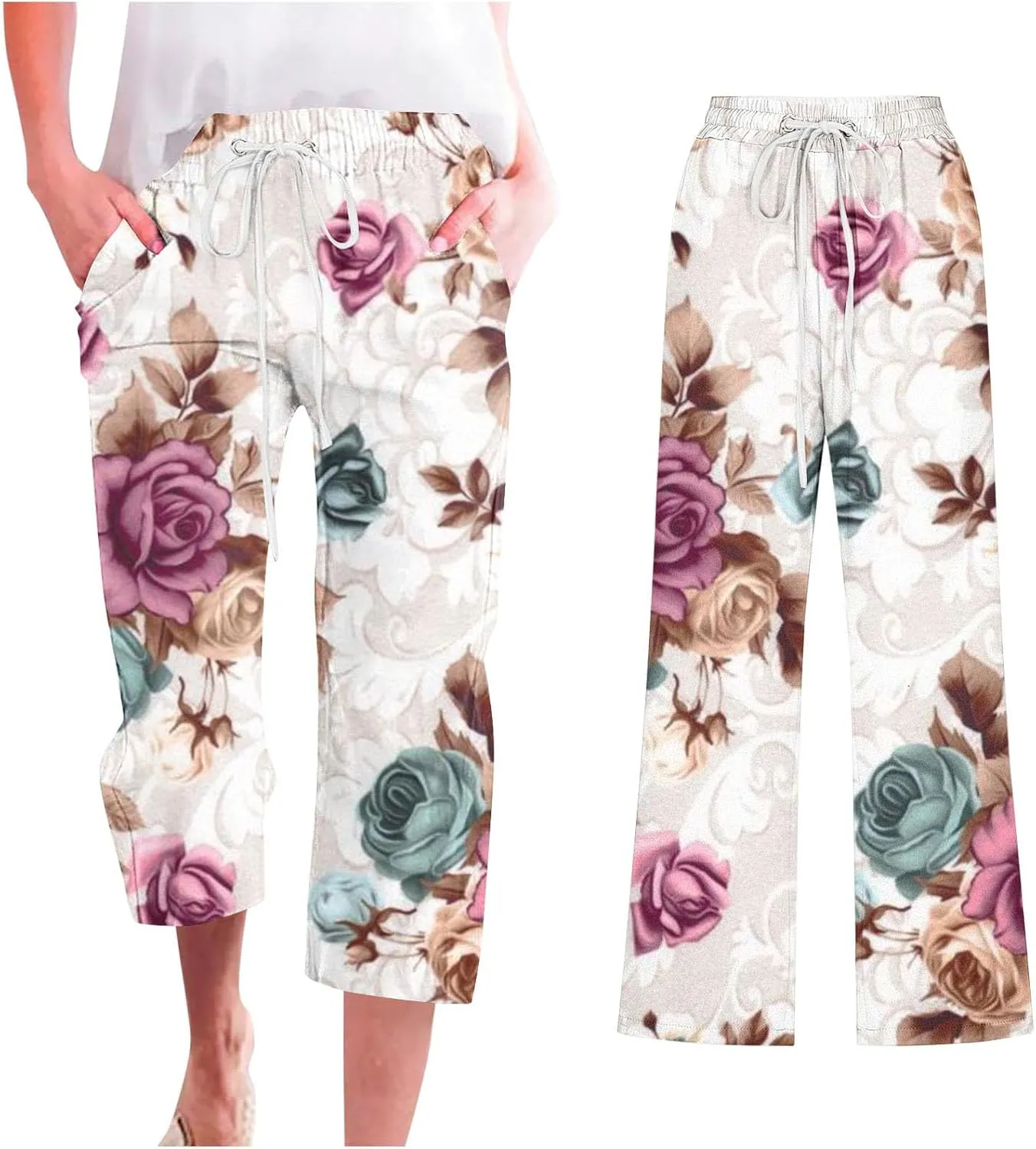 Womens Boho Floral Print Pants Casual Loose Fit Drawstring High Waist Capris Straight Leg Beach Cropped Trousers