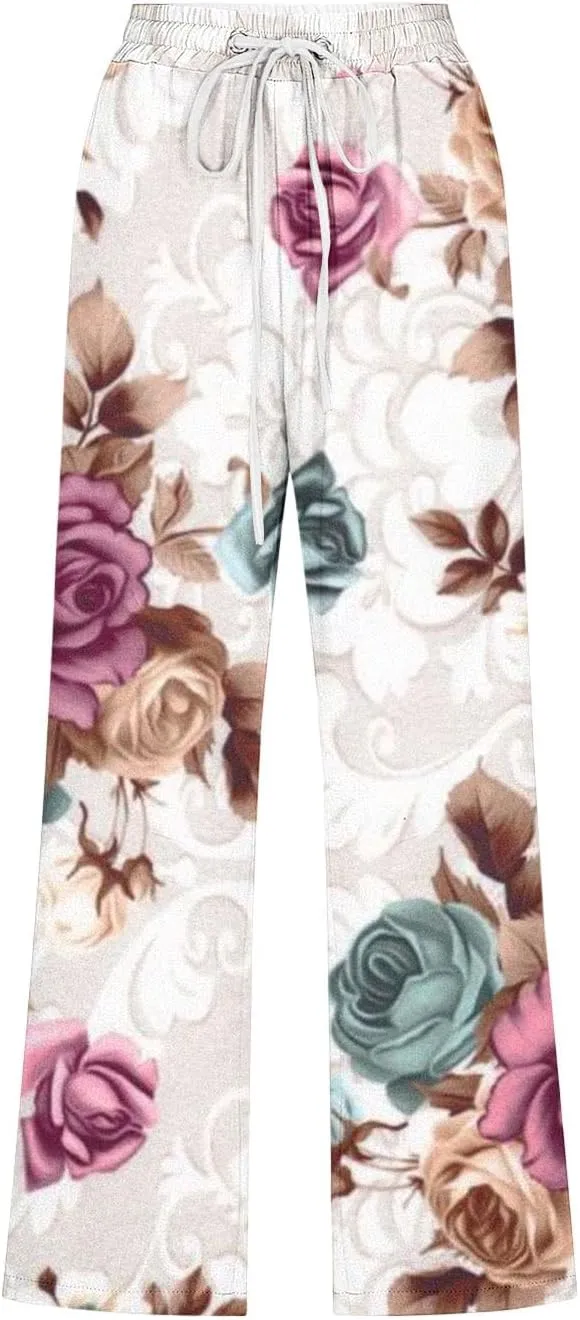 Womens Boho Floral Print Pants Casual Loose Fit Drawstring High Waist Capris Straight Leg Beach Cropped Trousers