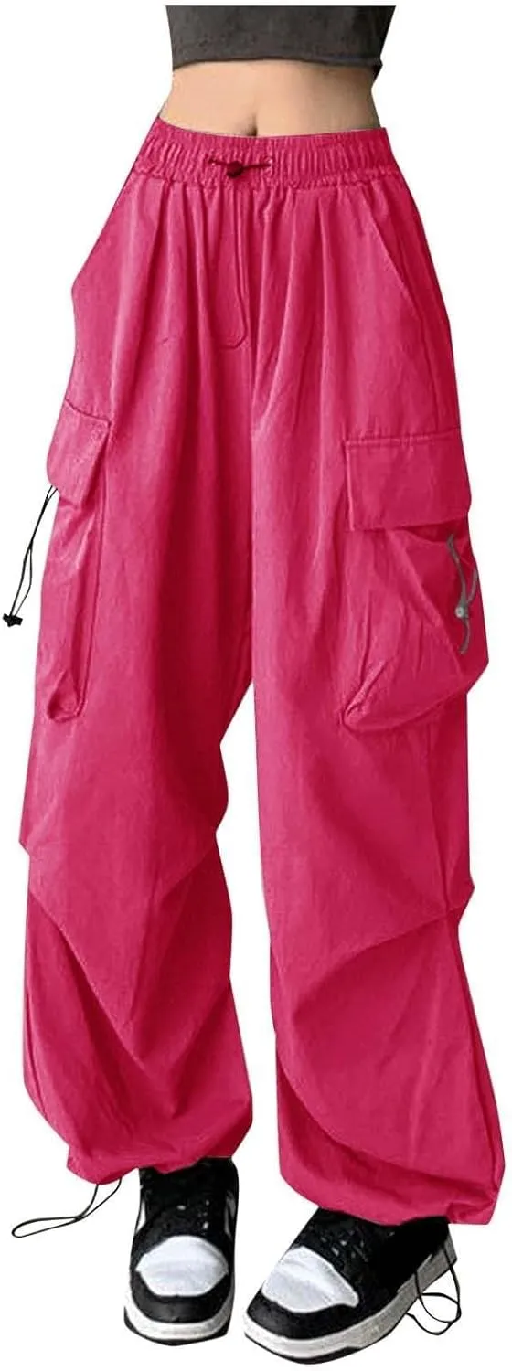 Womens Cargo Pants Baggy High Waisted Summer Wide Leg Casual 2025 Drawstring Elastic Waist with Pockets