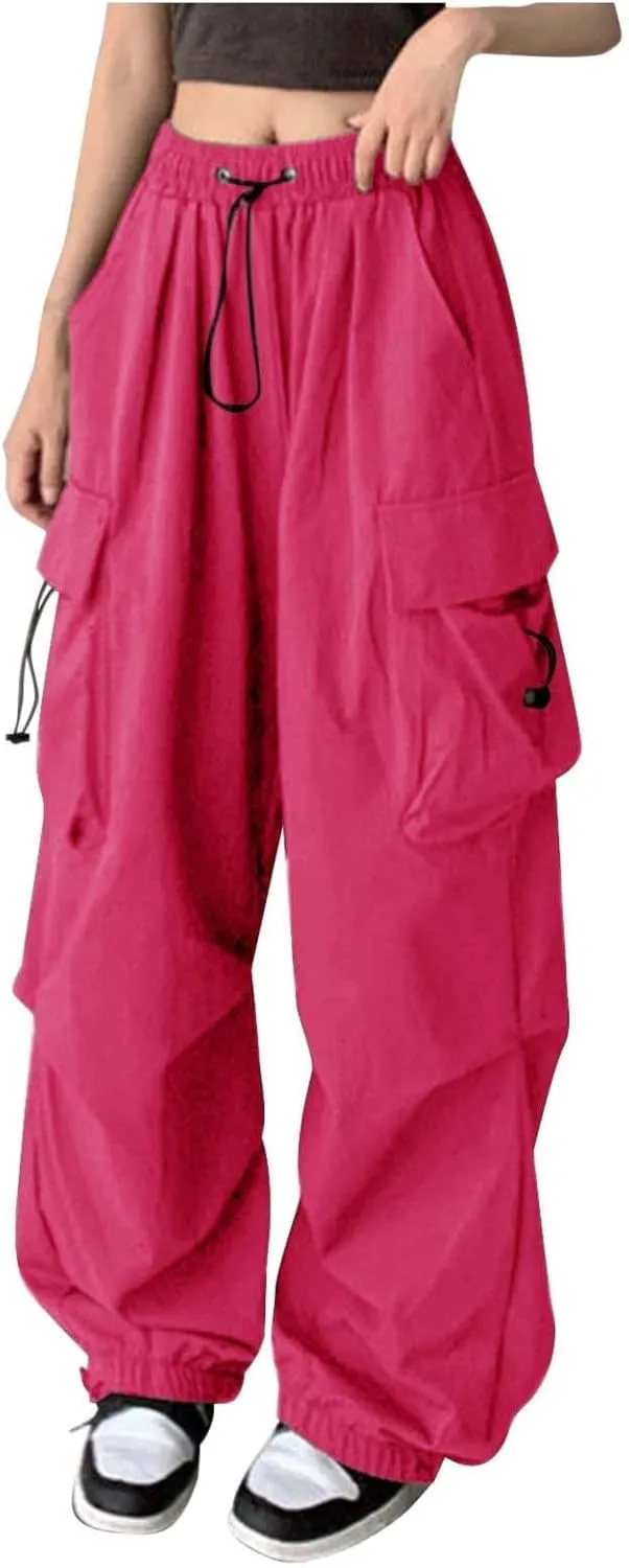Womens Cargo Pants Baggy High Waisted Summer Wide Leg Casual 2025 Drawstring Elastic Waist with Pockets