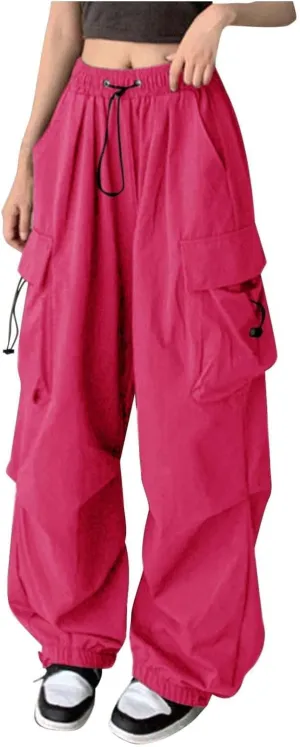 Womens Cargo Pants Baggy High Waisted Summer Wide Leg Casual 2025 Drawstring Elastic Waist with Pockets