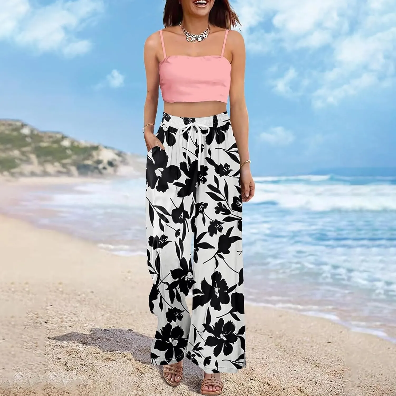 Womens Palazzo Pants Summer Boho Wide Leg Trousers Petite Casual High Waist Flowy Pant 2025 Beach Vacation Outfits