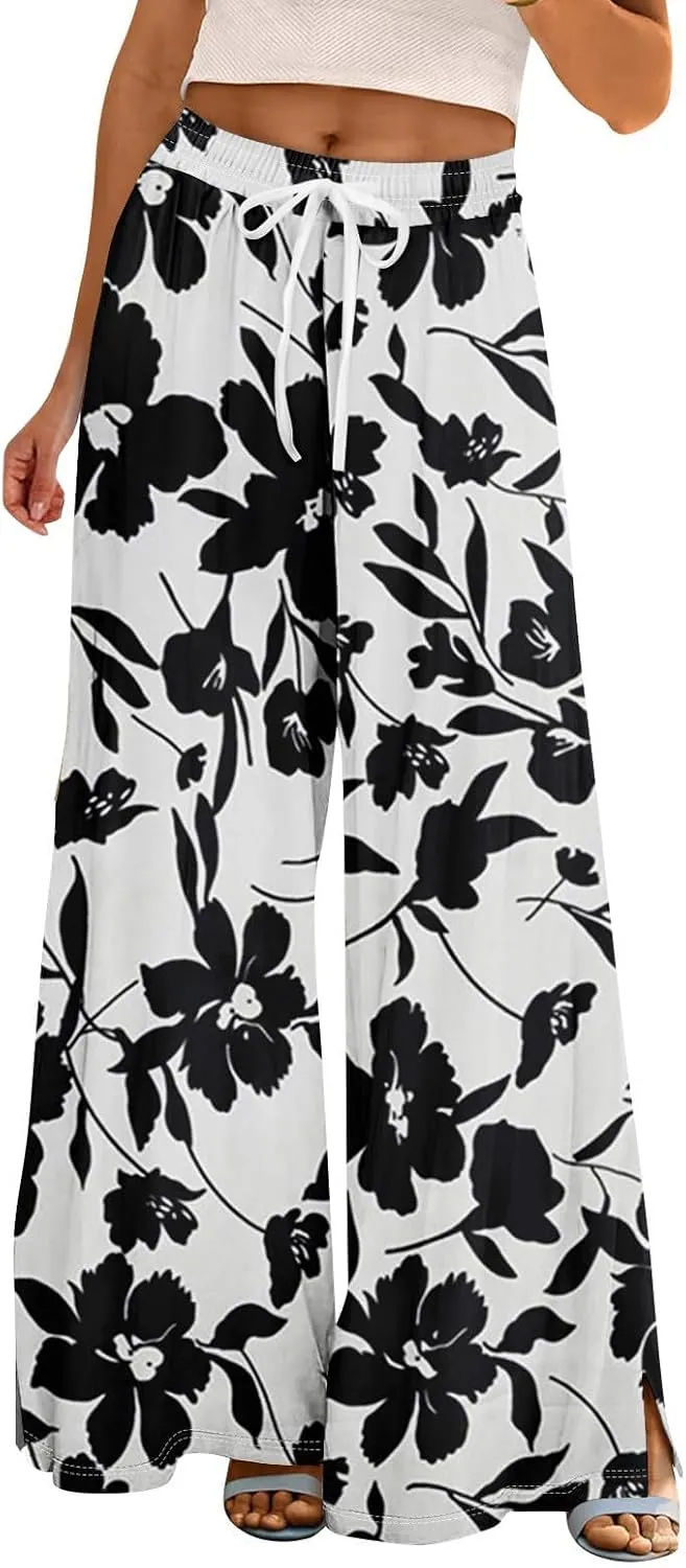 Womens Palazzo Pants Summer Boho Wide Leg Trousers Petite Casual High Waist Flowy Pant 2025 Beach Vacation Outfits