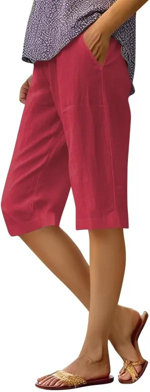 Women's Pedal Pushers Linen Bermuda Shorts Wide Leg Cropped Pants Casual Palazzo Pant with Pockets