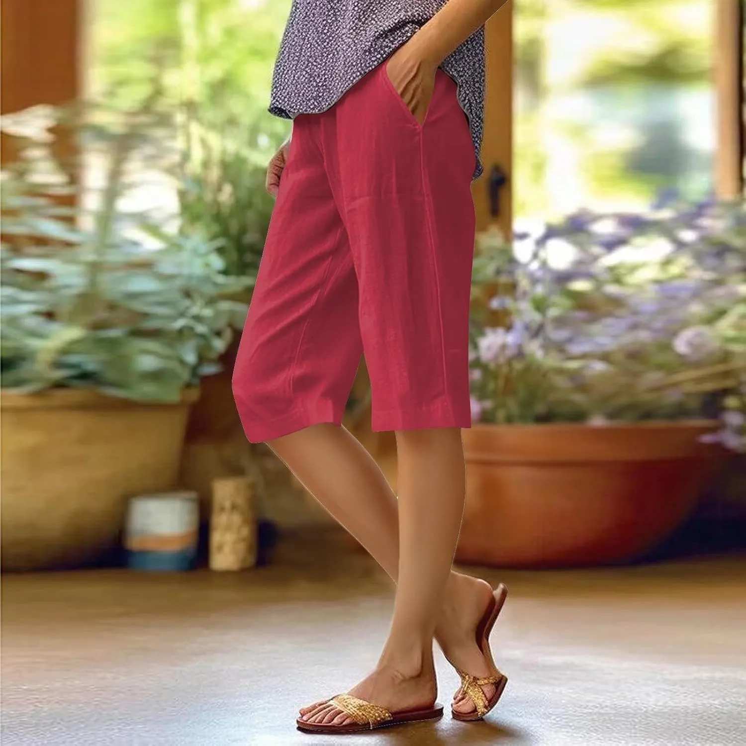 Women's Pedal Pushers Linen Bermuda Shorts Wide Leg Cropped Pants Casual Palazzo Pant with Pockets