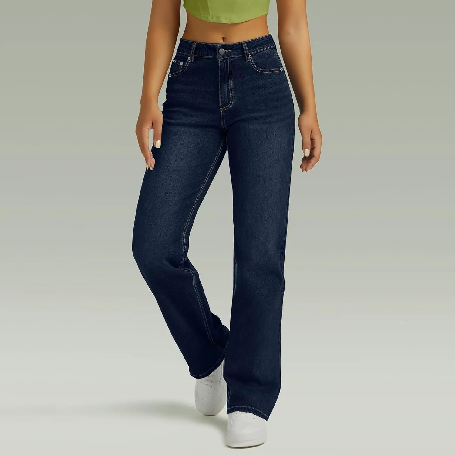 Womens Straight Leg Jeans High Waisted Trendy Welt Stretchy Baggy Loose Denim Pants with Pockets
