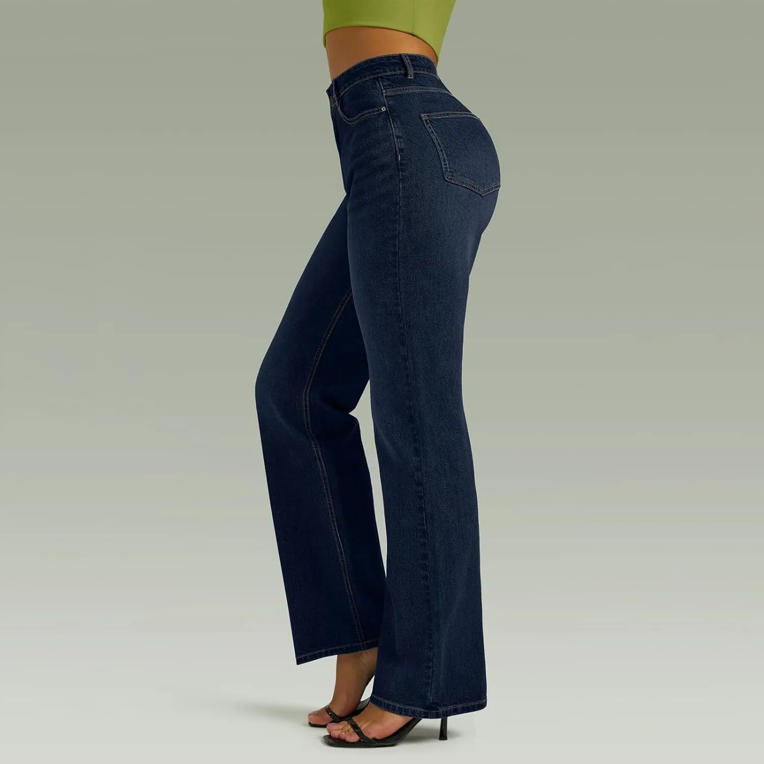 Womens Straight Leg Jeans High Waisted Trendy Welt Stretchy Baggy Loose Denim Pants with Pockets
