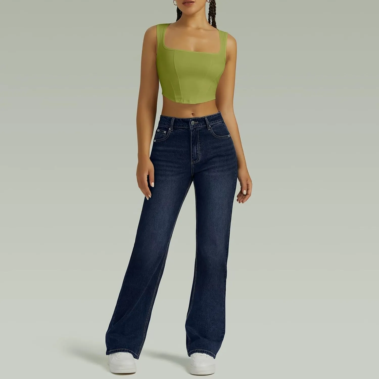 Womens Straight Leg Jeans High Waisted Trendy Welt Stretchy Baggy Loose Denim Pants with Pockets