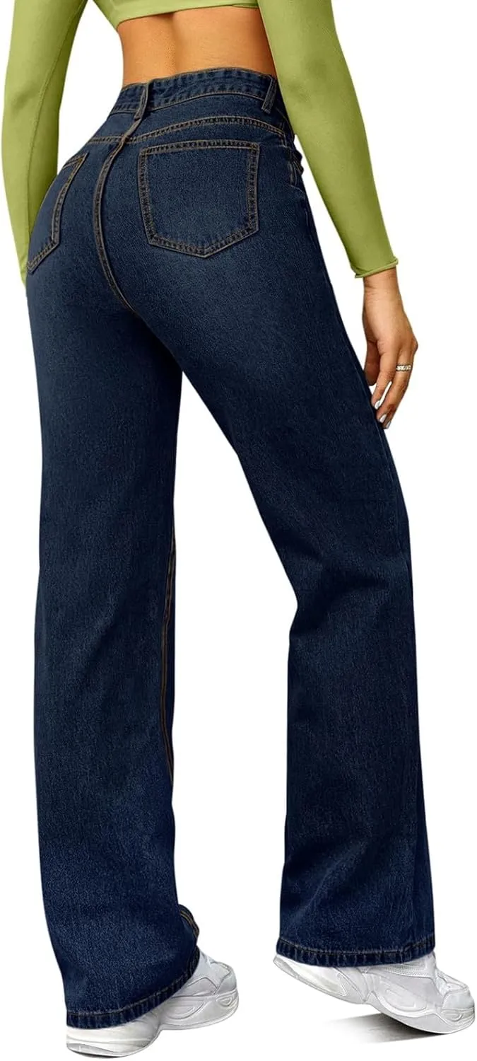 Womens Straight Leg Jeans High Waisted Trendy Welt Stretchy Baggy Loose Denim Pants with Pockets