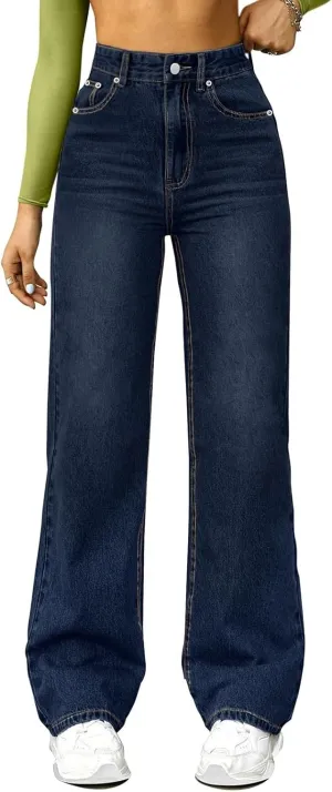 Womens Straight Leg Jeans High Waisted Trendy Welt Stretchy Baggy Loose Denim Pants with Pockets