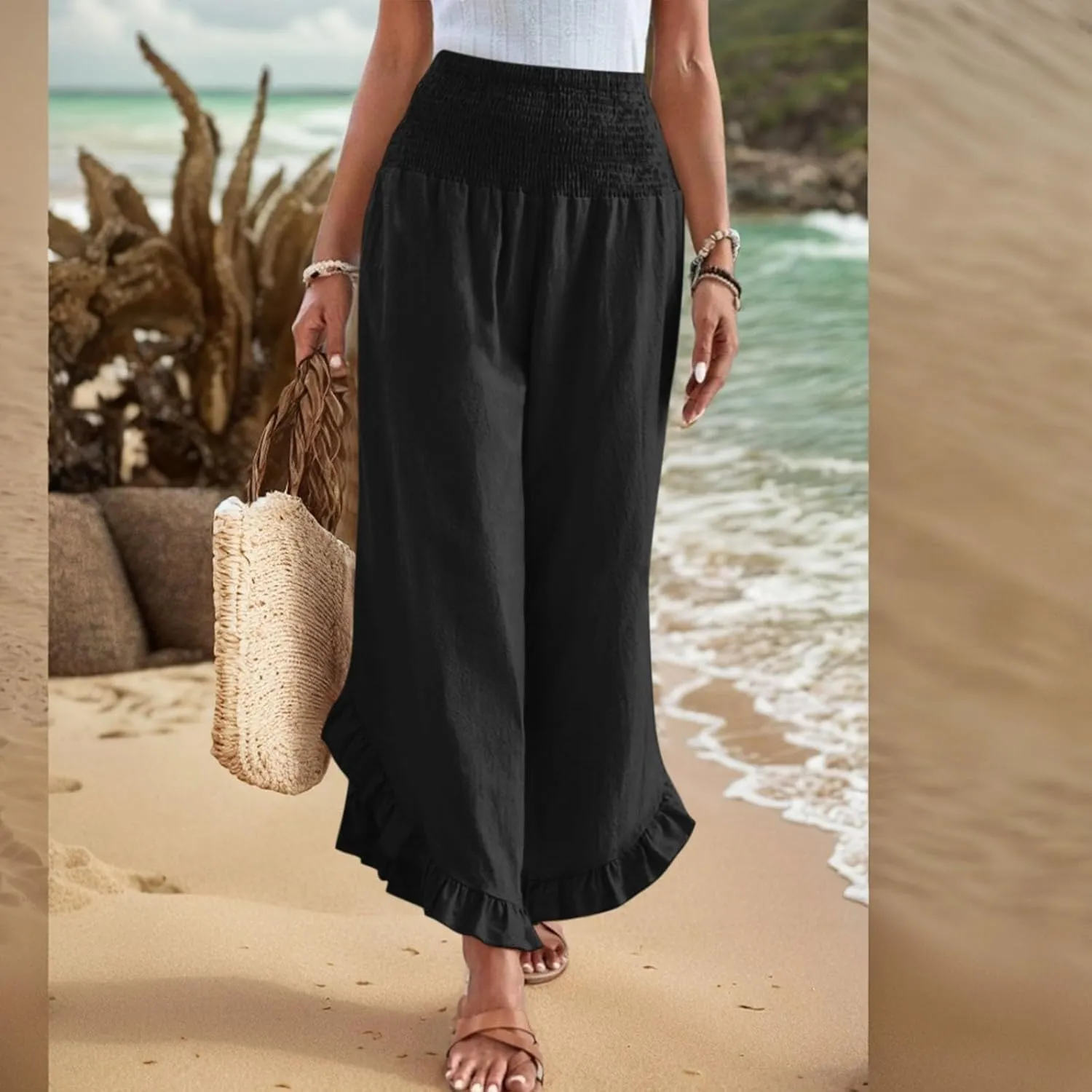 Women's Wide Leg Pants 2025 Solid Petite Stretch Loose Flowy Lounge Pants with Pockets, S-3XL