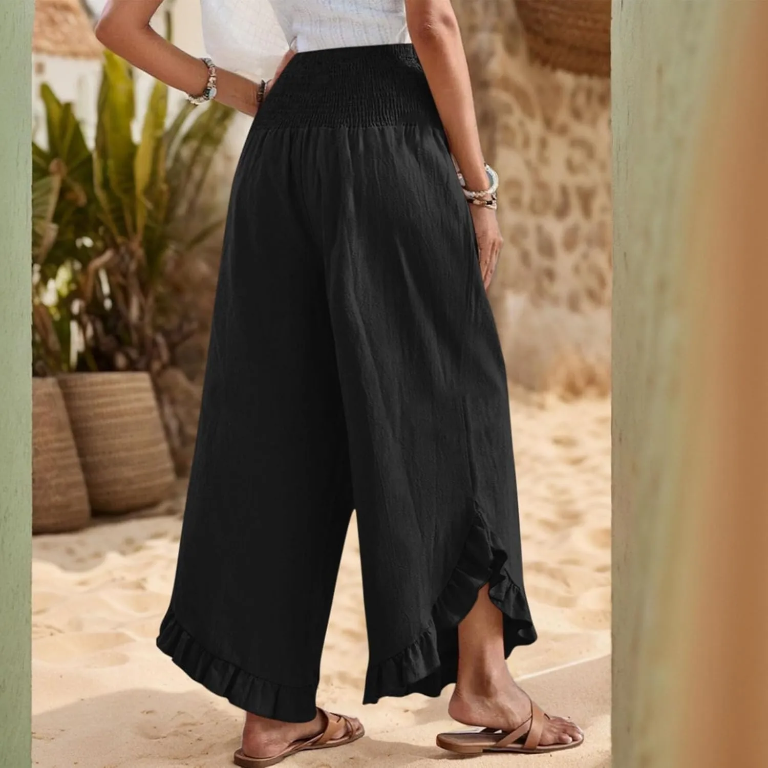Women's Wide Leg Pants 2025 Solid Petite Stretch Loose Flowy Lounge Pants with Pockets, S-3XL