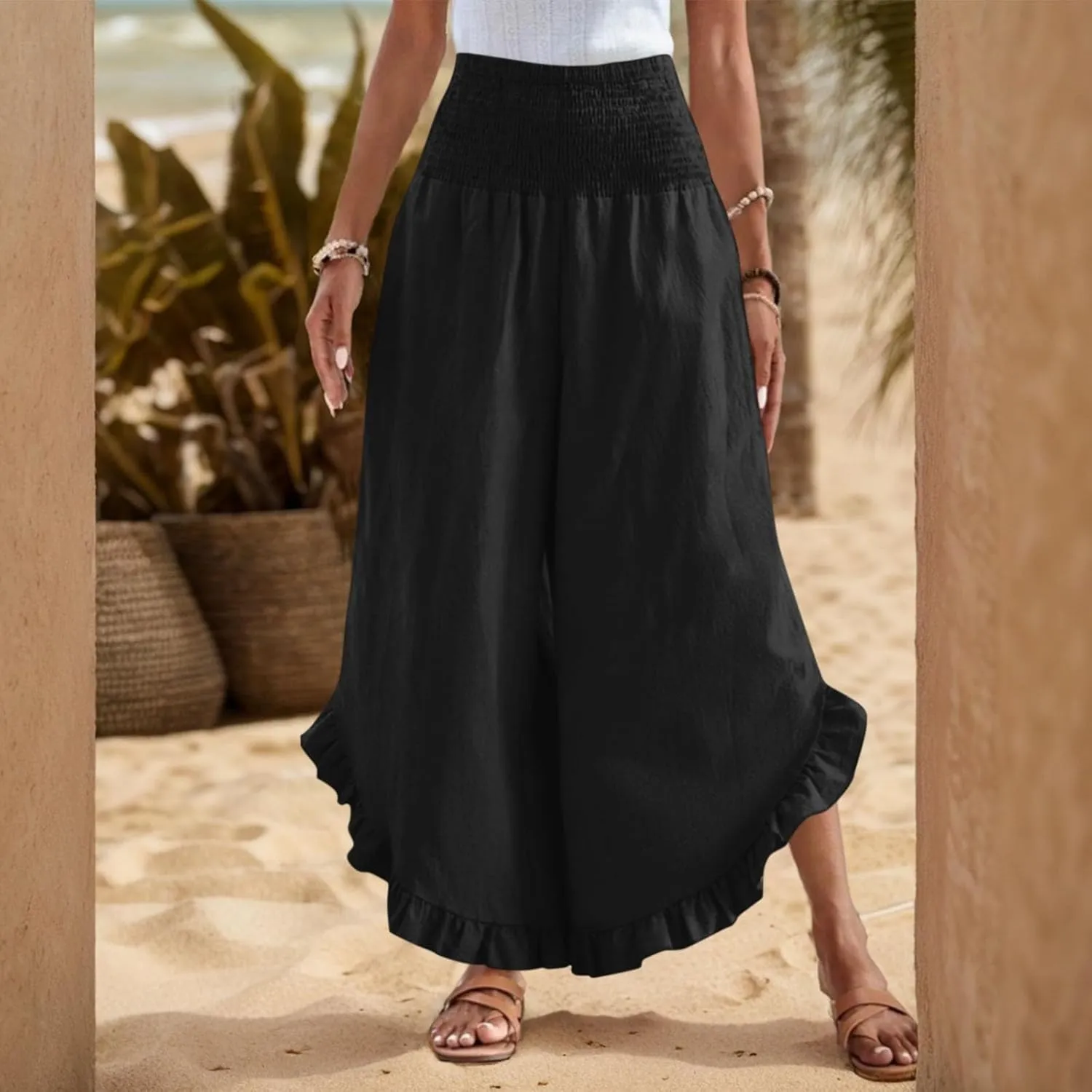 Women's Wide Leg Pants 2025 Solid Petite Stretch Loose Flowy Lounge Pants with Pockets, S-3XL