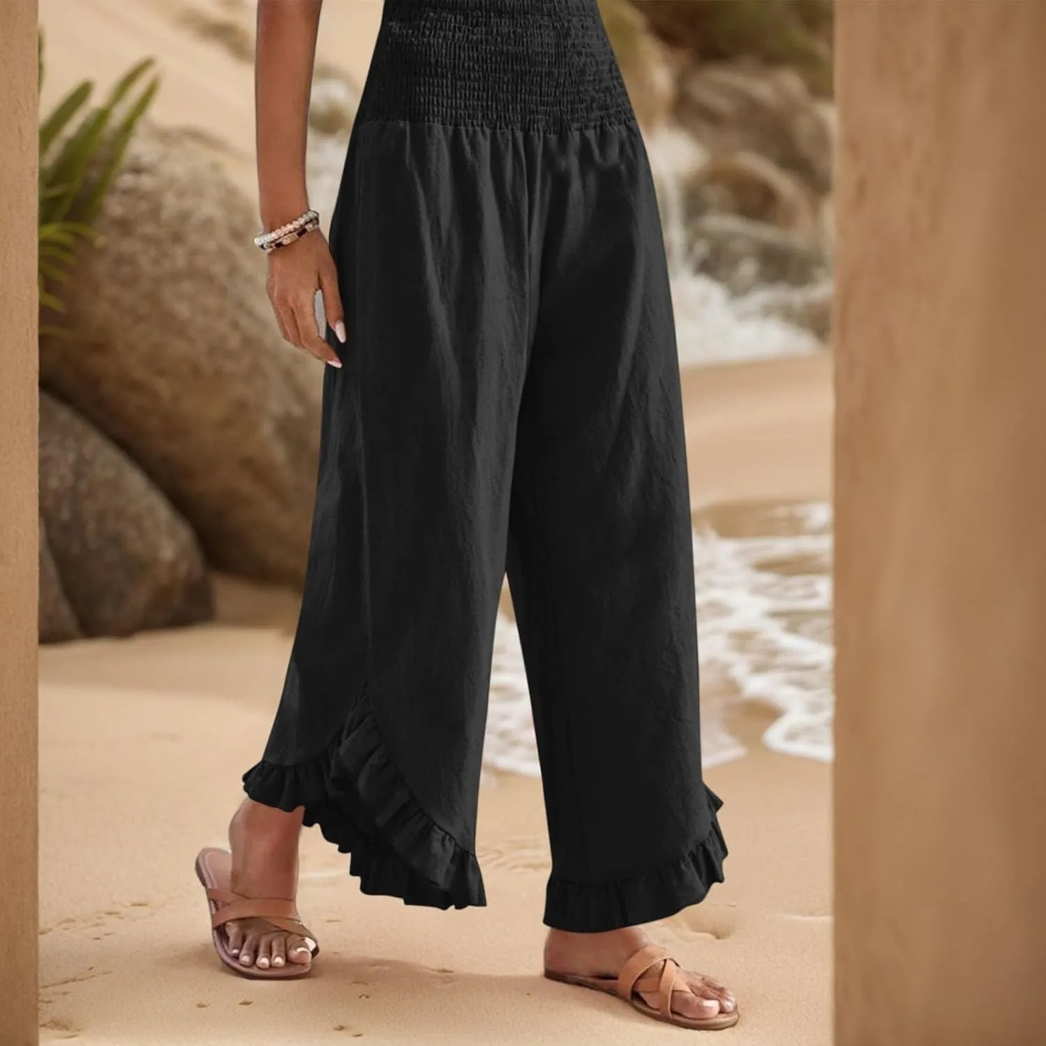 Women's Wide Leg Pants 2025 Solid Petite Stretch Loose Flowy Lounge Pants with Pockets, S-3XL