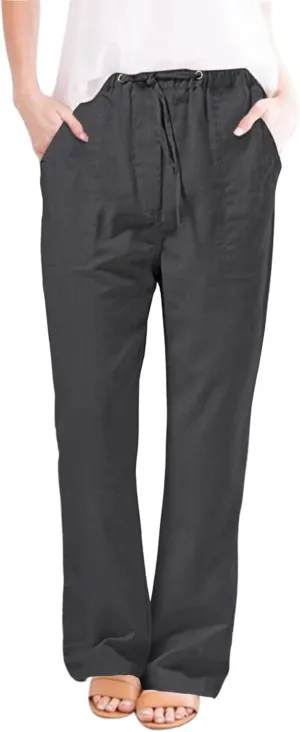 Women's Wide Leg Trousers Fashion Casual Cotton Hemp Drawstring Solid Color Beach Trousers Pants Dress