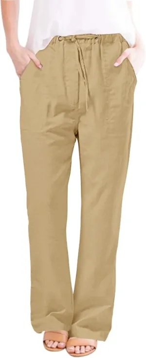 Women's Wide Leg Trousers Fashion Casual Cotton Hemp Drawstring Solid Color Beach Trousers Pants Dress
