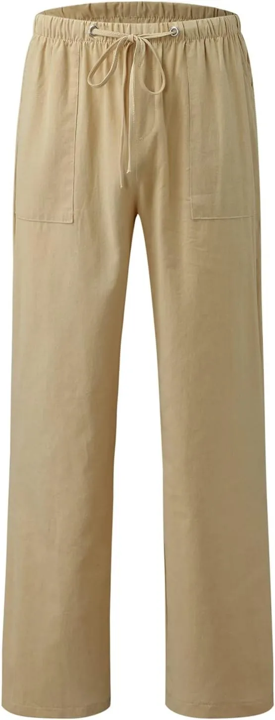 Women's Wide Leg Trousers Fashion Casual Cotton Hemp Drawstring Solid Color Beach Trousers Pants Dress