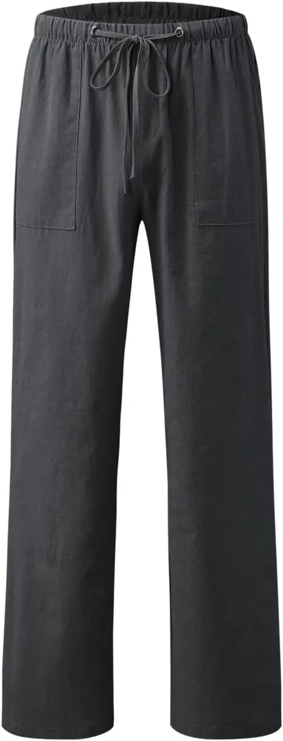 Women's Wide Leg Trousers Fashion Casual Cotton Hemp Drawstring Solid Color Beach Trousers Pants Dress
