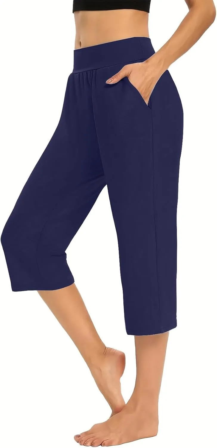 Womens Yoga Capri Pants Elastic Waisted Pants High Waisted Stretch Pants Casual Lounge Pants Summer Lightweight Pants