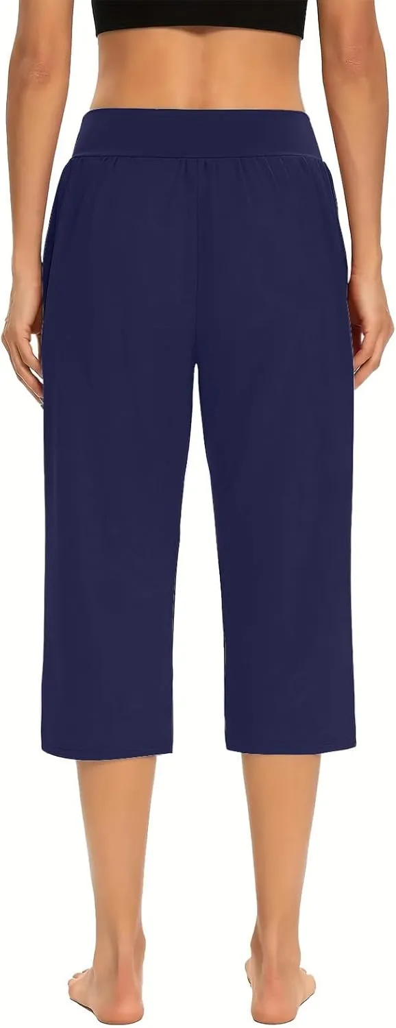 Womens Yoga Capri Pants Elastic Waisted Pants High Waisted Stretch Pants Casual Lounge Pants Summer Lightweight Pants