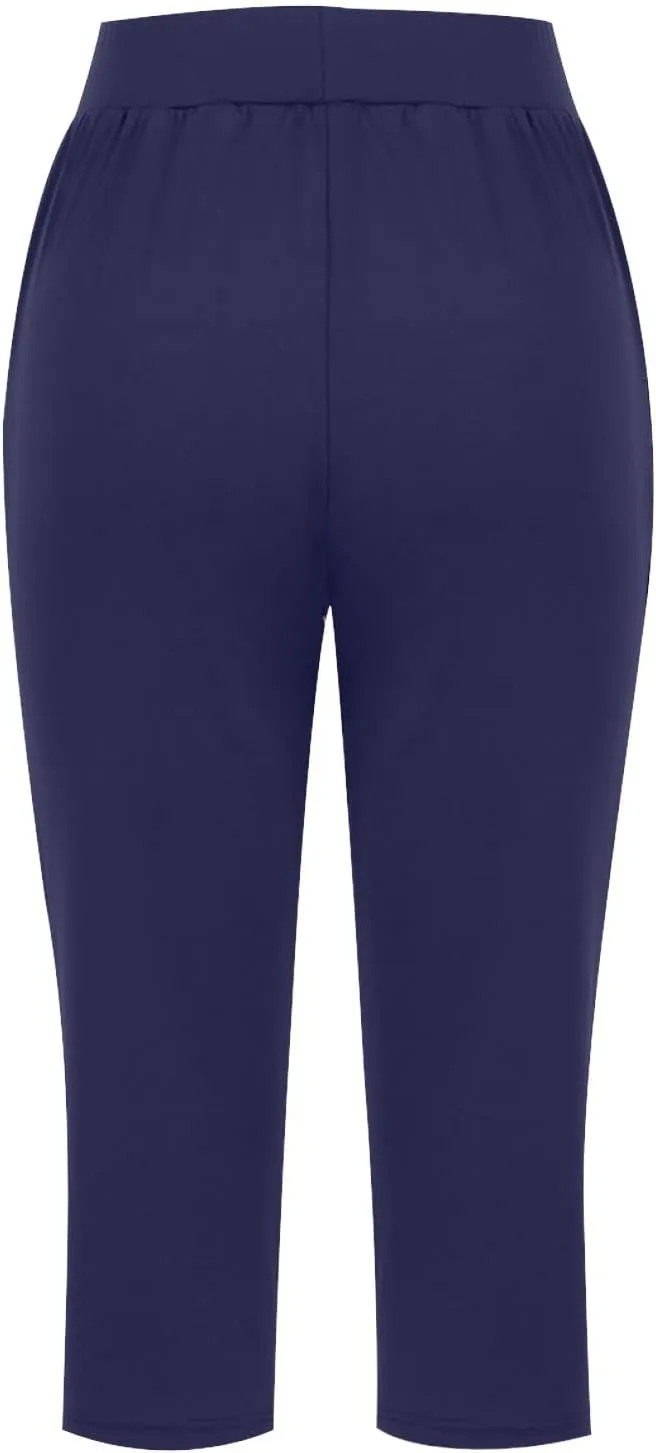 Womens Yoga Capri Pants Elastic Waisted Pants High Waisted Stretch Pants Casual Lounge Pants Summer Lightweight Pants