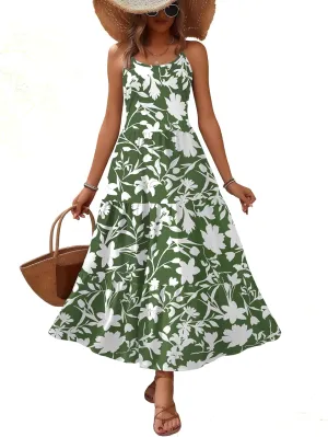 Zeagoo Womens Summer Long Dress Adjustable Spaghetti Strap Floral Casual Dress with Pockets Flowy Tiered Beach Sundress
